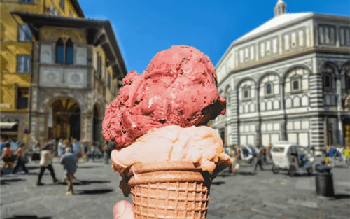 Gelato and cone with two scoops on a Florence Food tour next to the Duomo